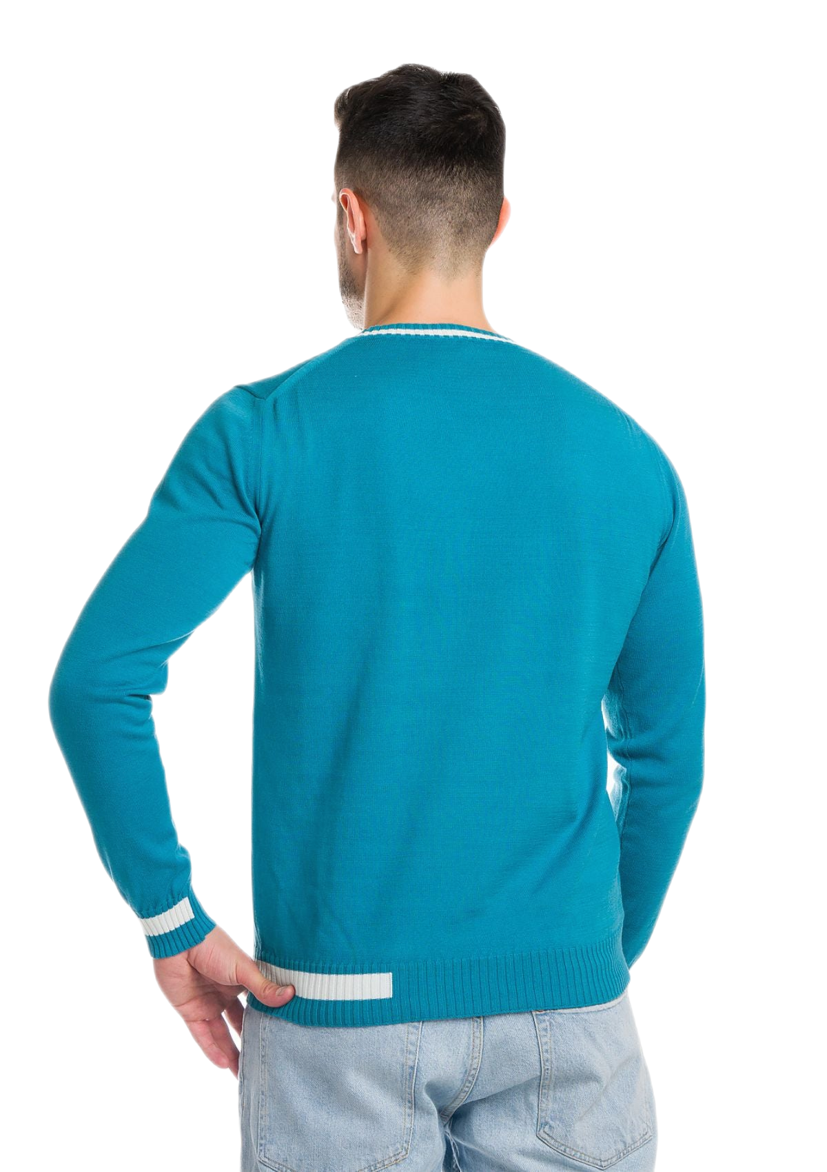 retro maglia girocollo uomo in cotone a maniche lunghe azzurra