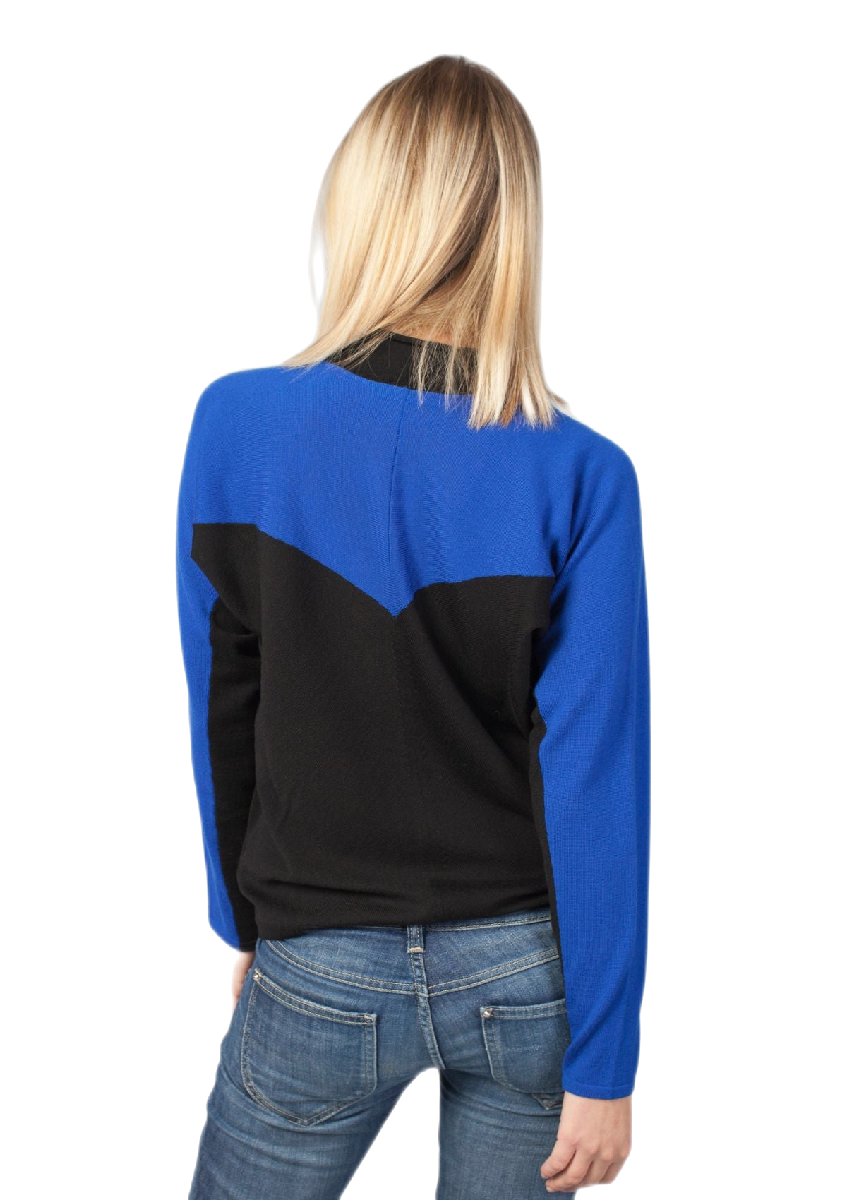 retro maglia raglan donna bicolore in pura lana merino nera e blu