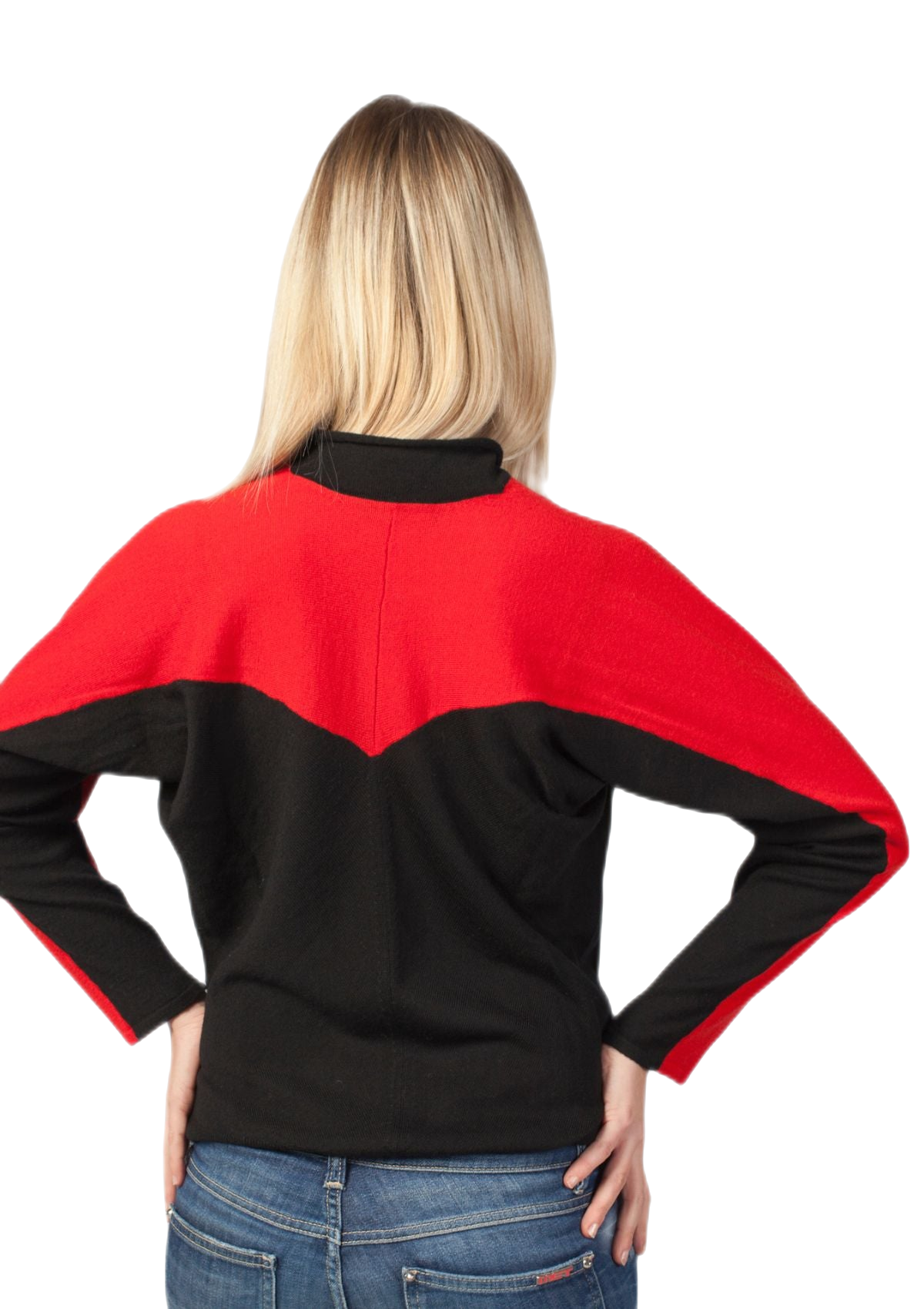 retro maglia raglan donna bicolore in pura lana merino nera e rossa