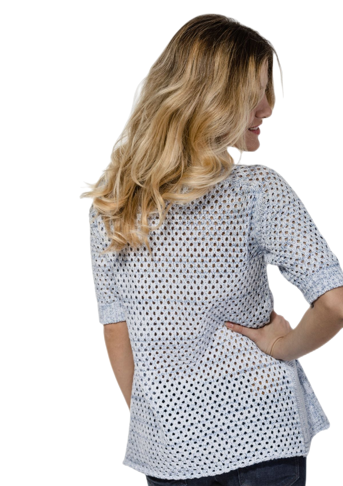 retro maglia traforata donna bianca e azzurra