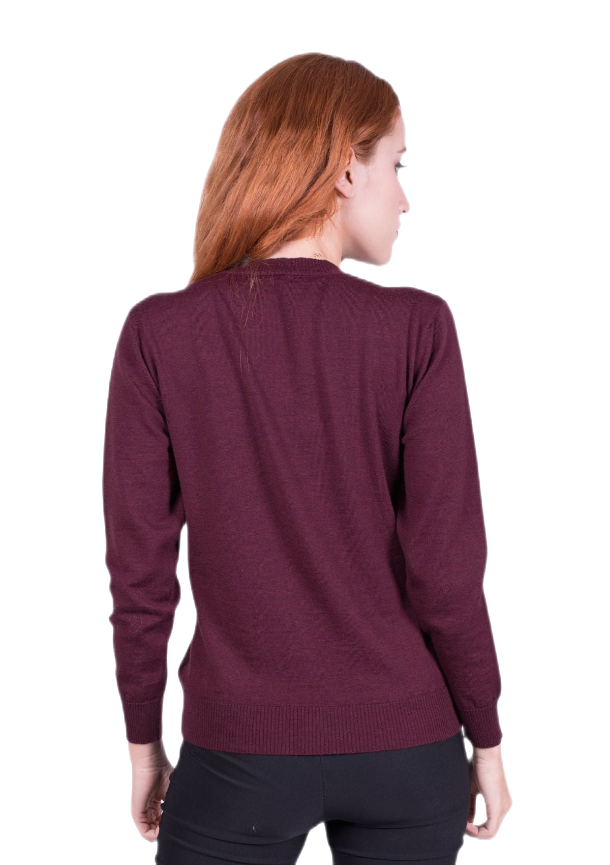 retro Maglione donna scollo a V in pura lana vergine merino extrafine colore prugna