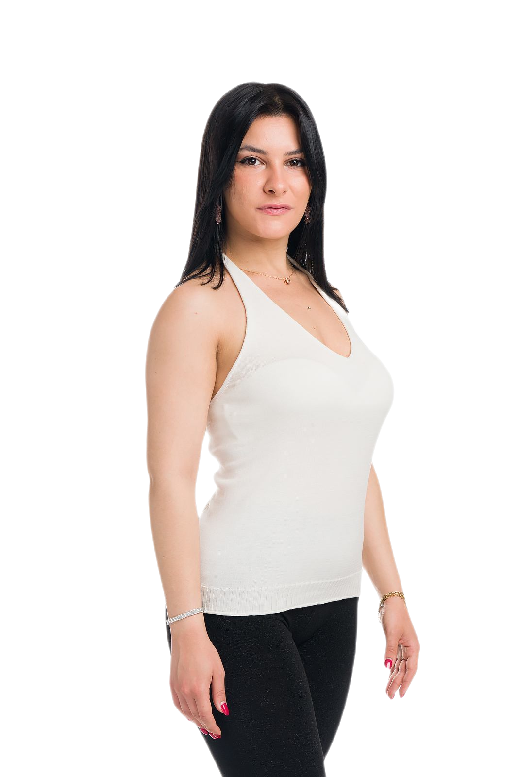 top donna in cotone scollo a V bianco