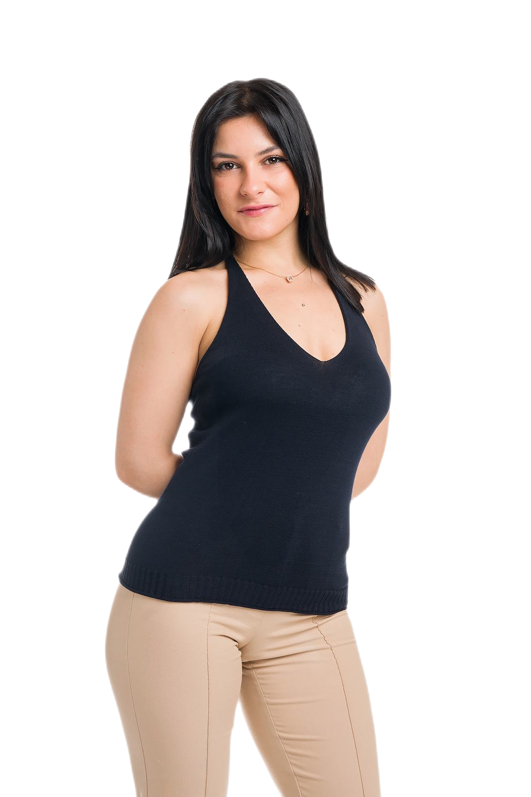 top donna in cotone scollo a V blu navy