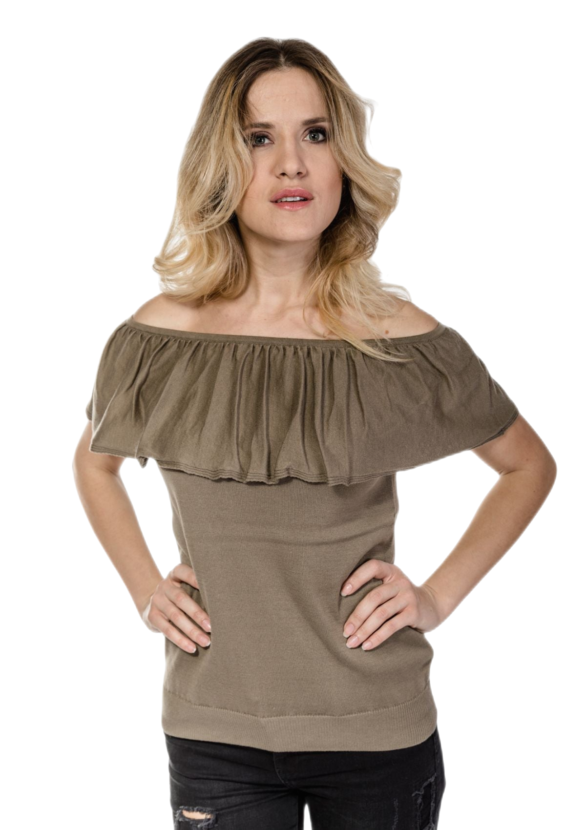 top senza maniche con volant color kaki