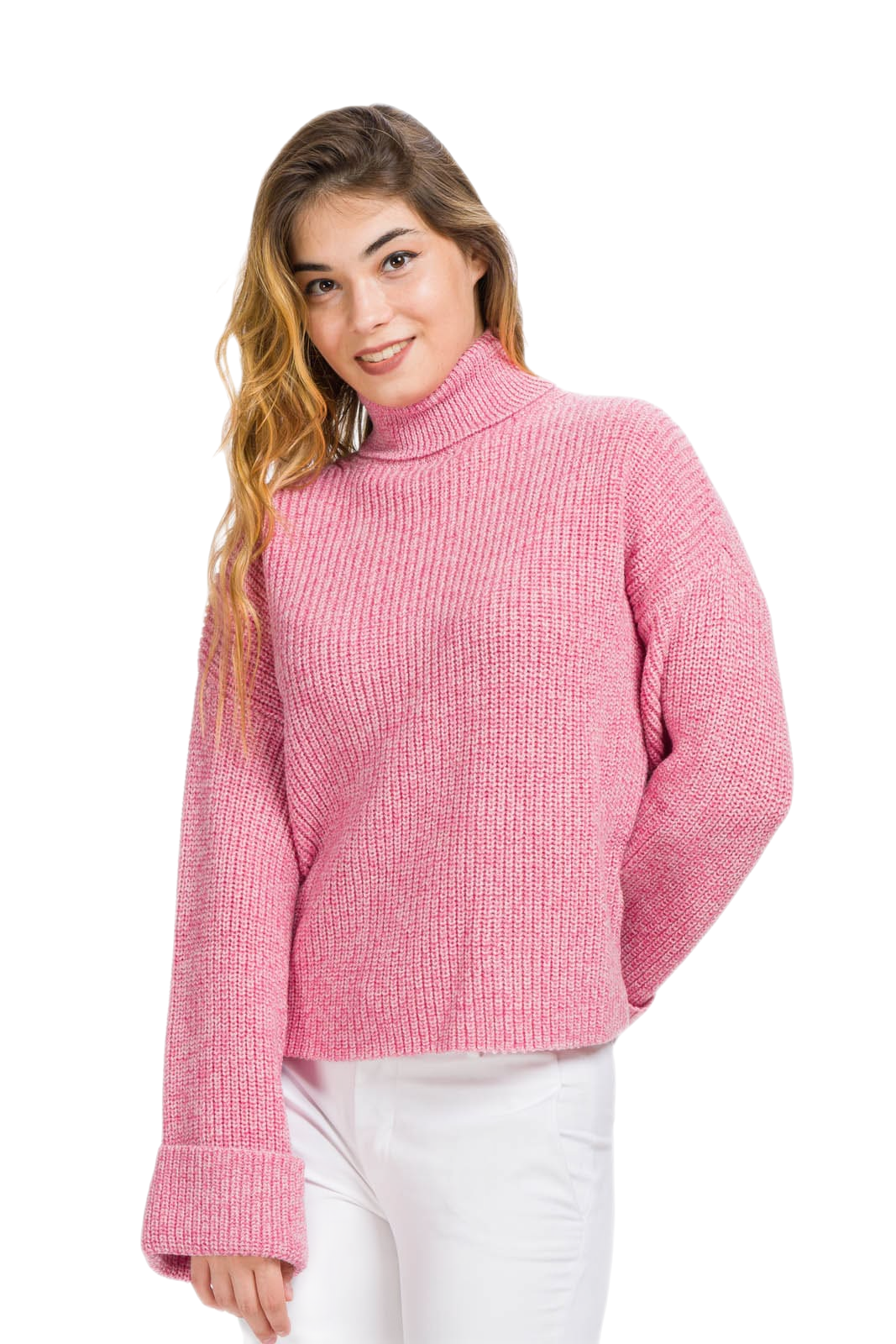 Maglione donna a collo alto in lana merino rosa