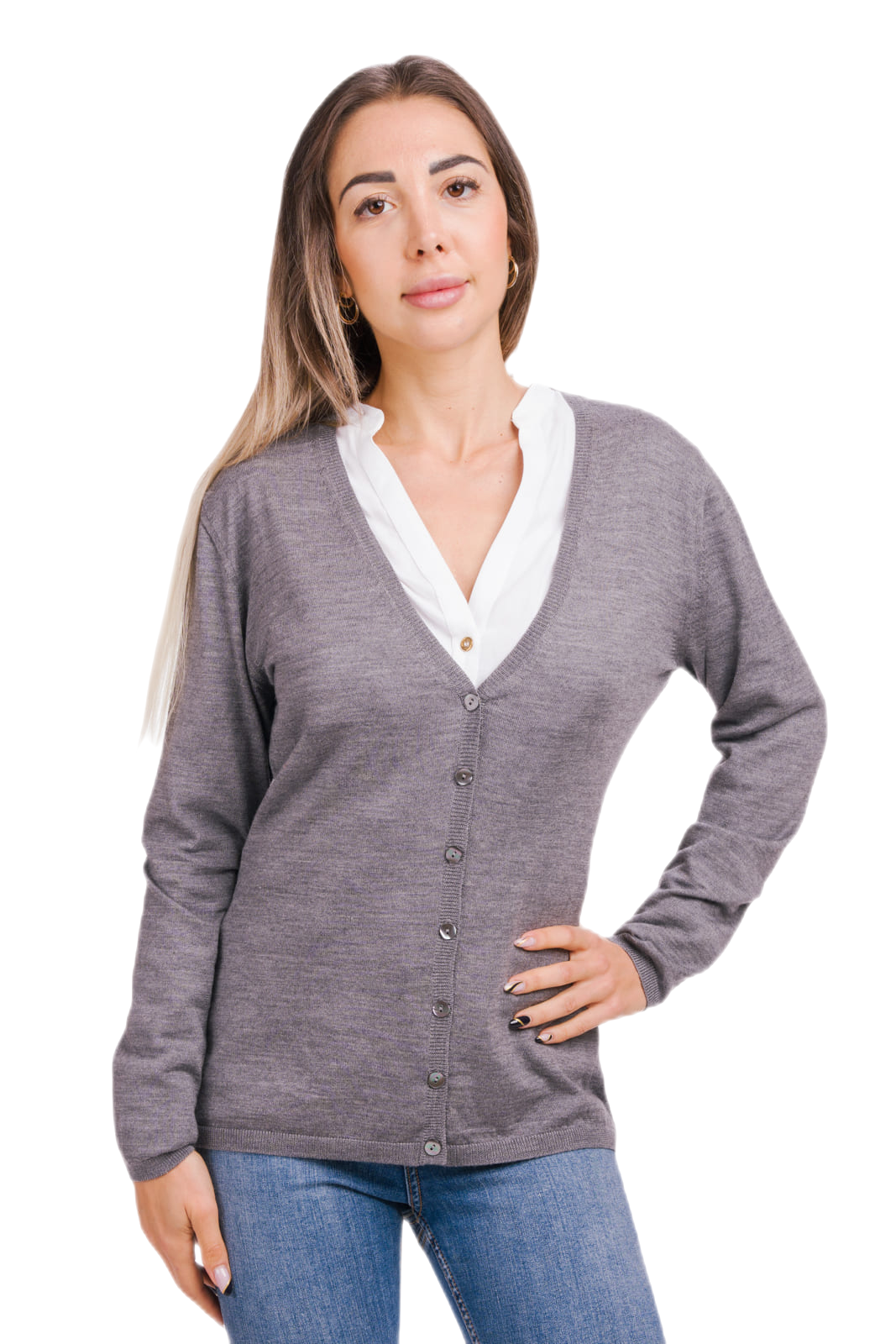 cardigan donna aderente in lana e seta colore grigio