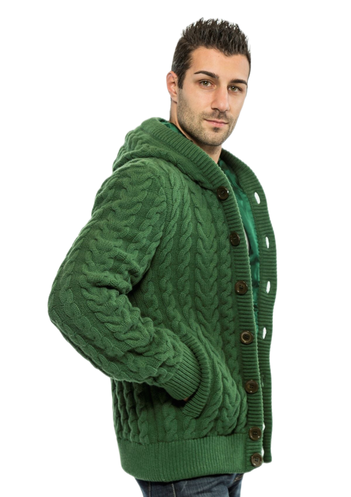 fianco giubbotto uomo in lana e cashmere verde