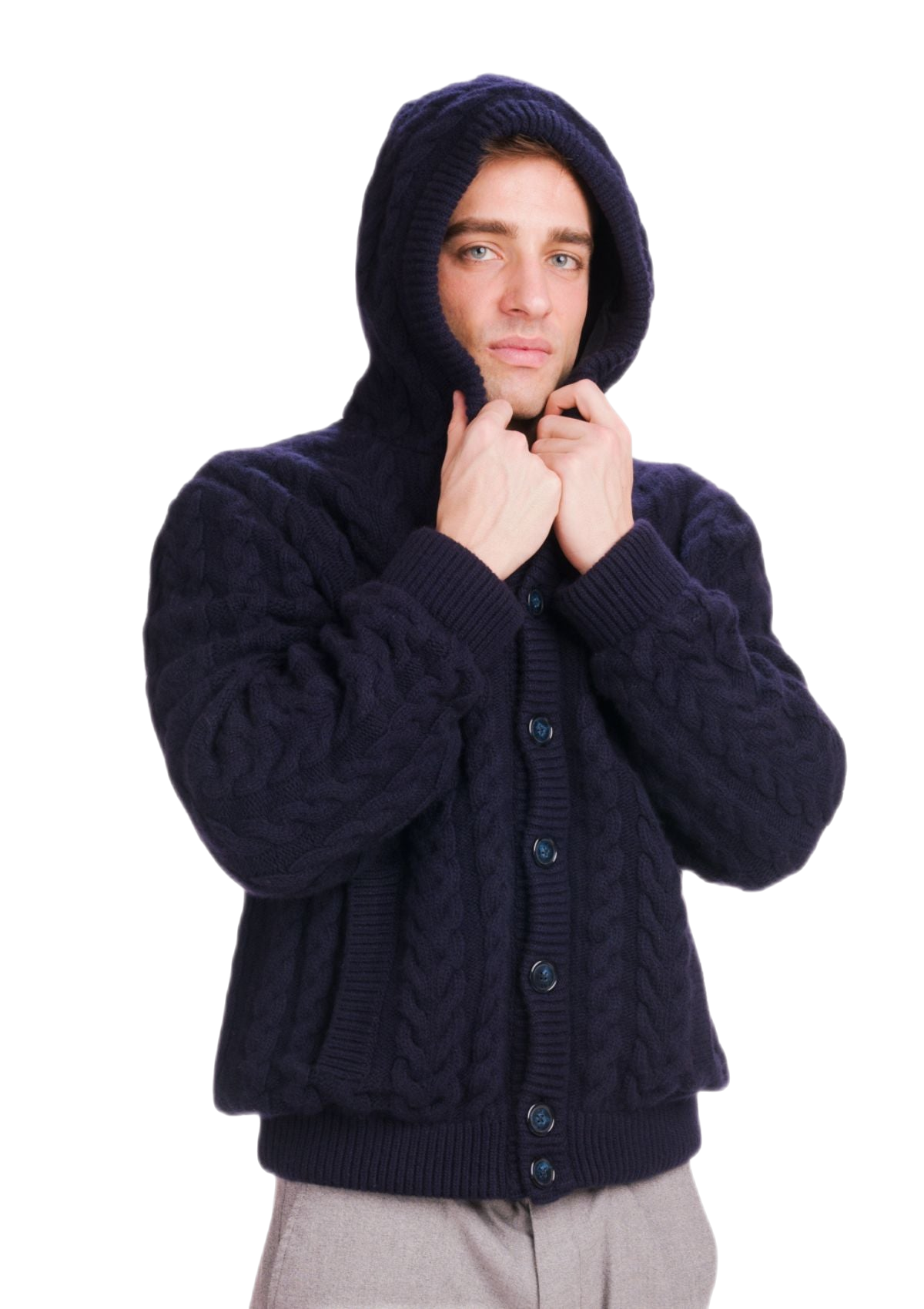 giubbotto uomo con cappuccio in lana e cashmere blu