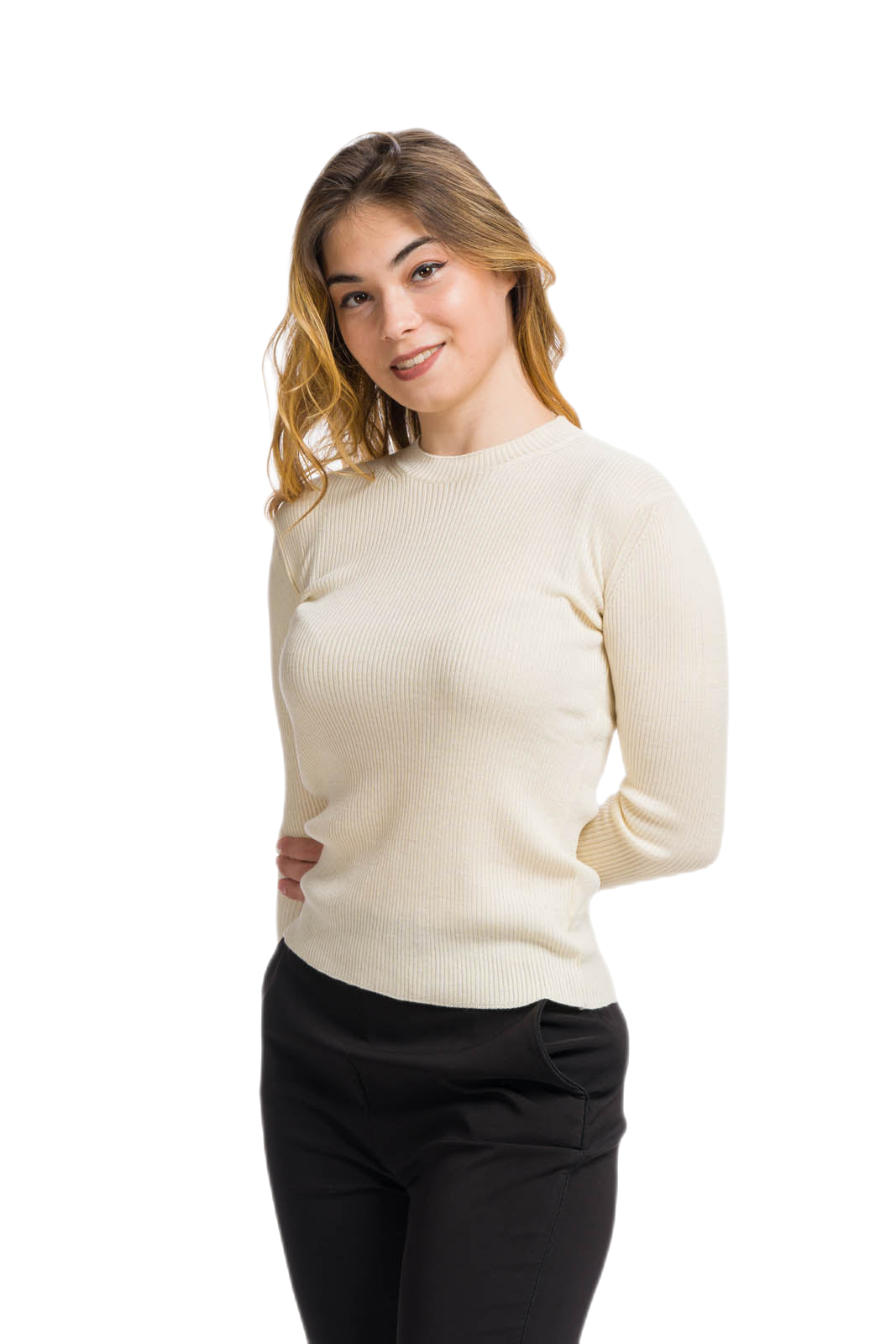 maglia donna a costine girocollo in fibra di latte colore bianco naturale