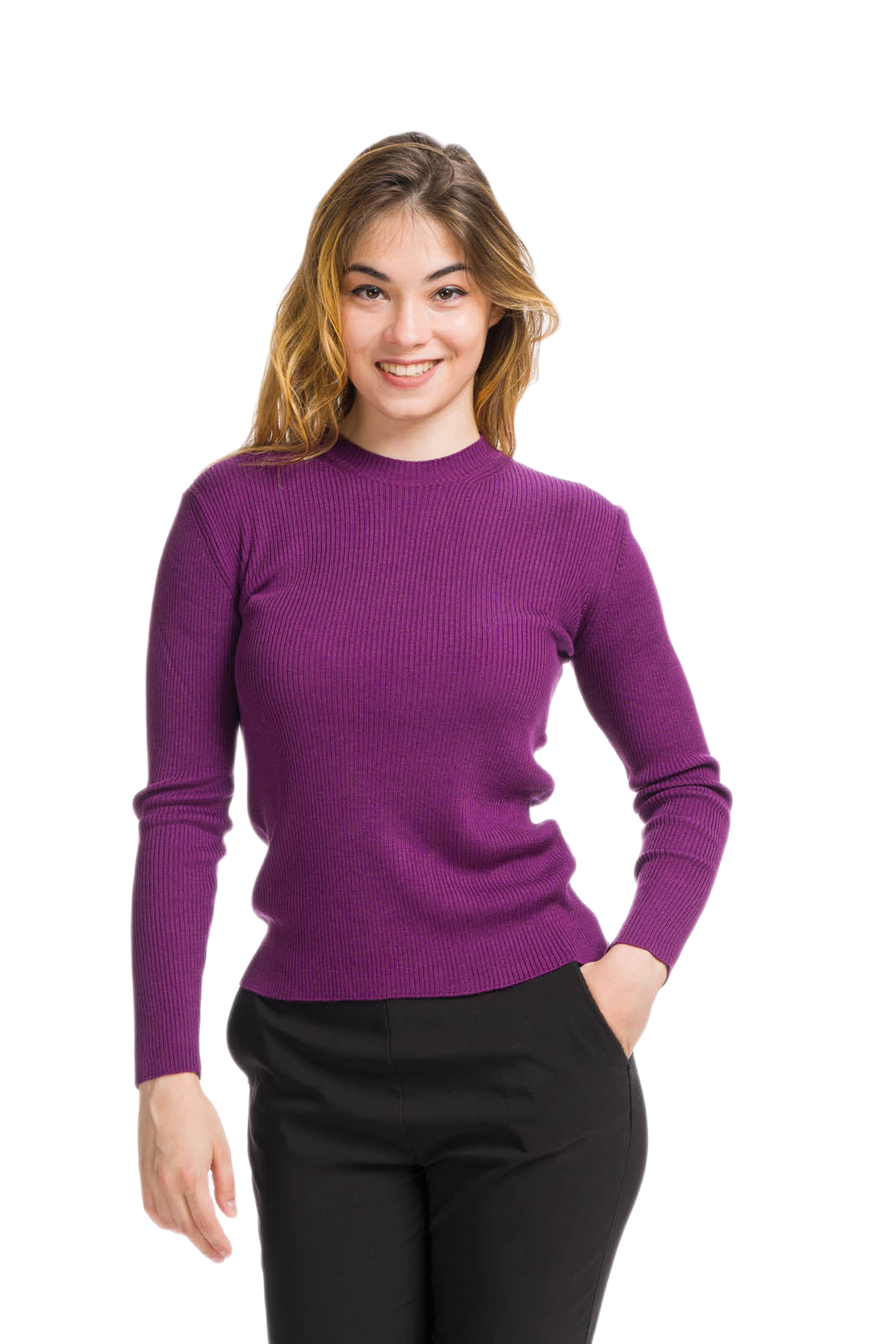 maglia donna a costine girocollo in fibra di latte colore viola