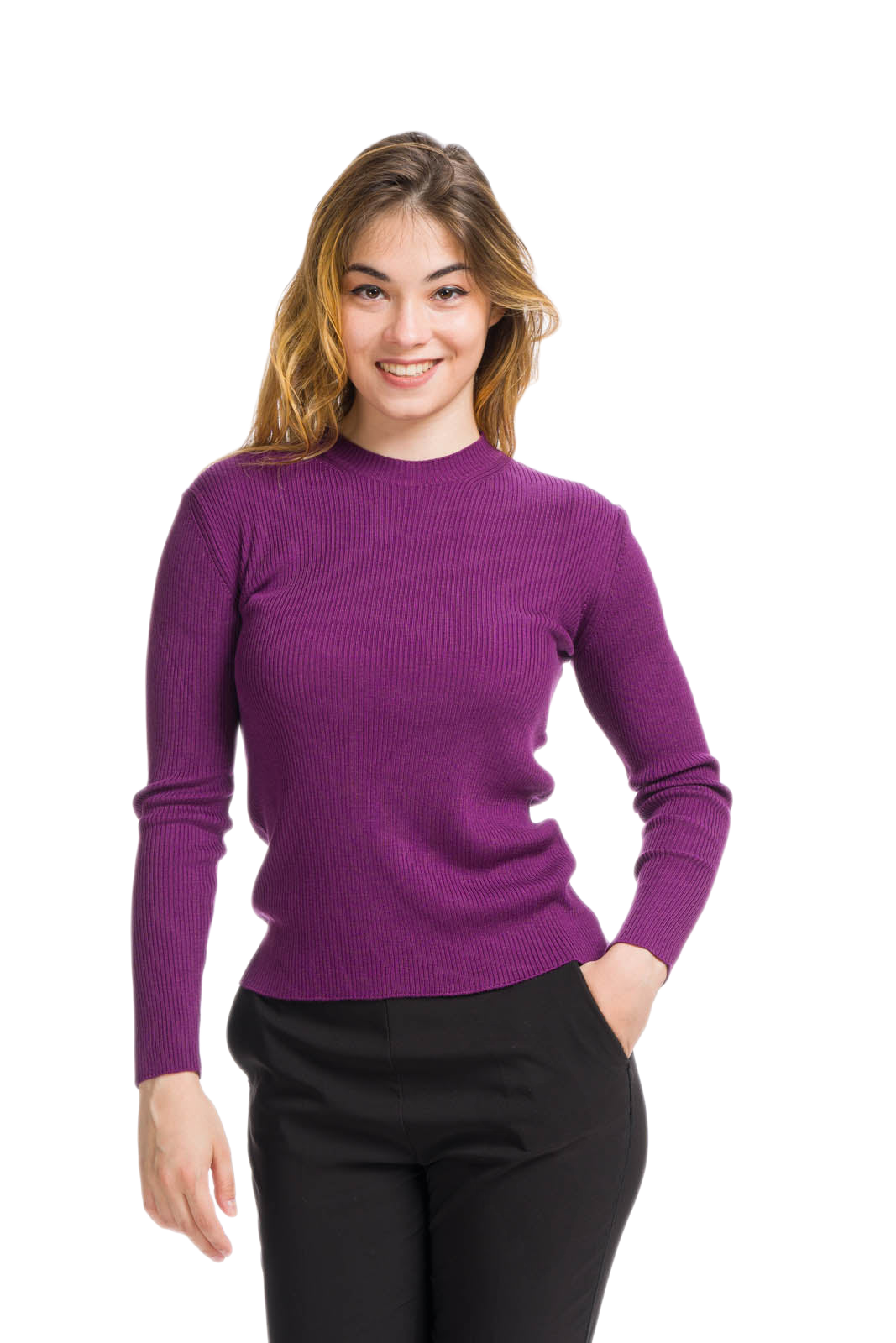Girolatte maglia donna a costine girocollo in fibra di latte