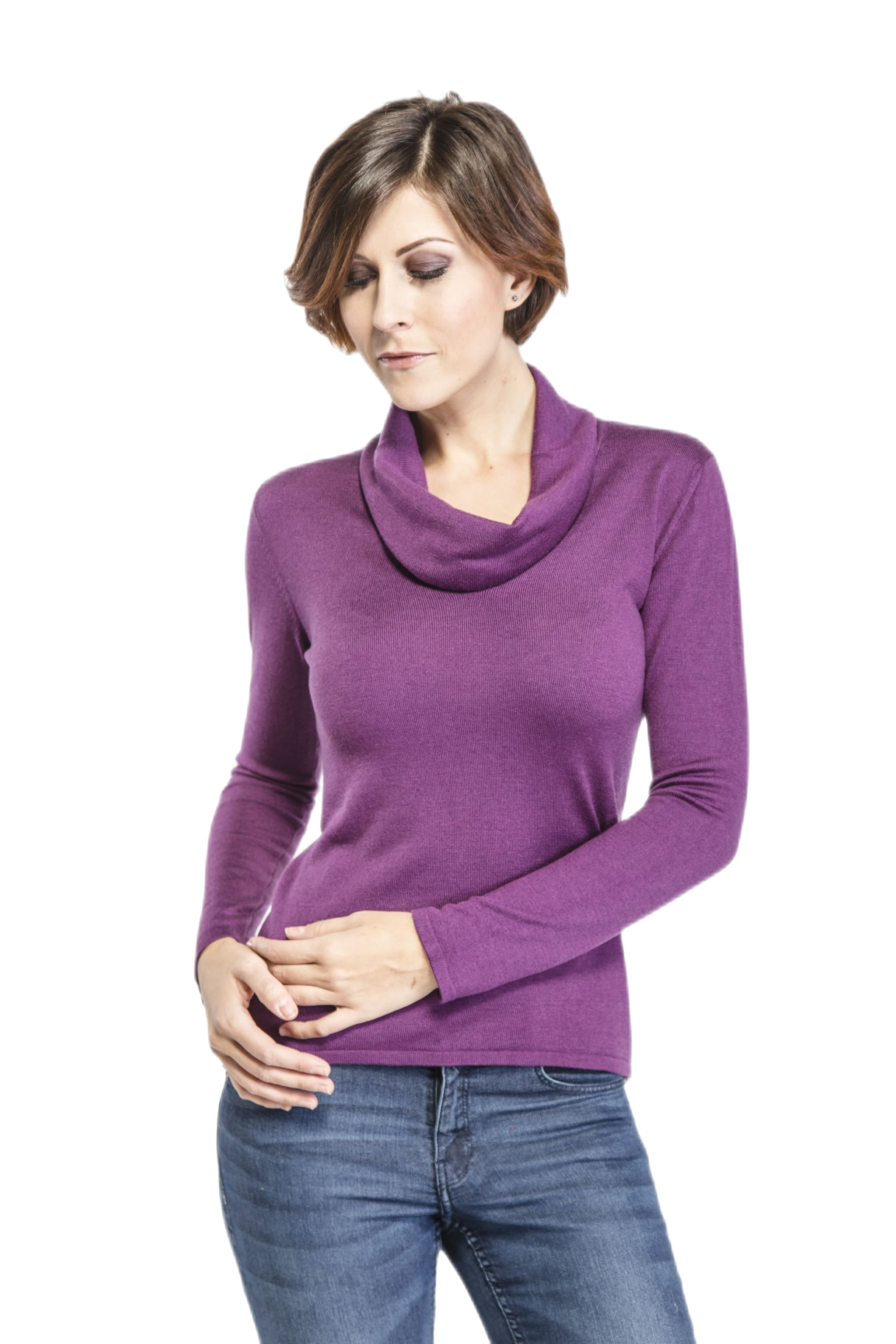 maglia donna a collo ampio in fibra di latte colore viola