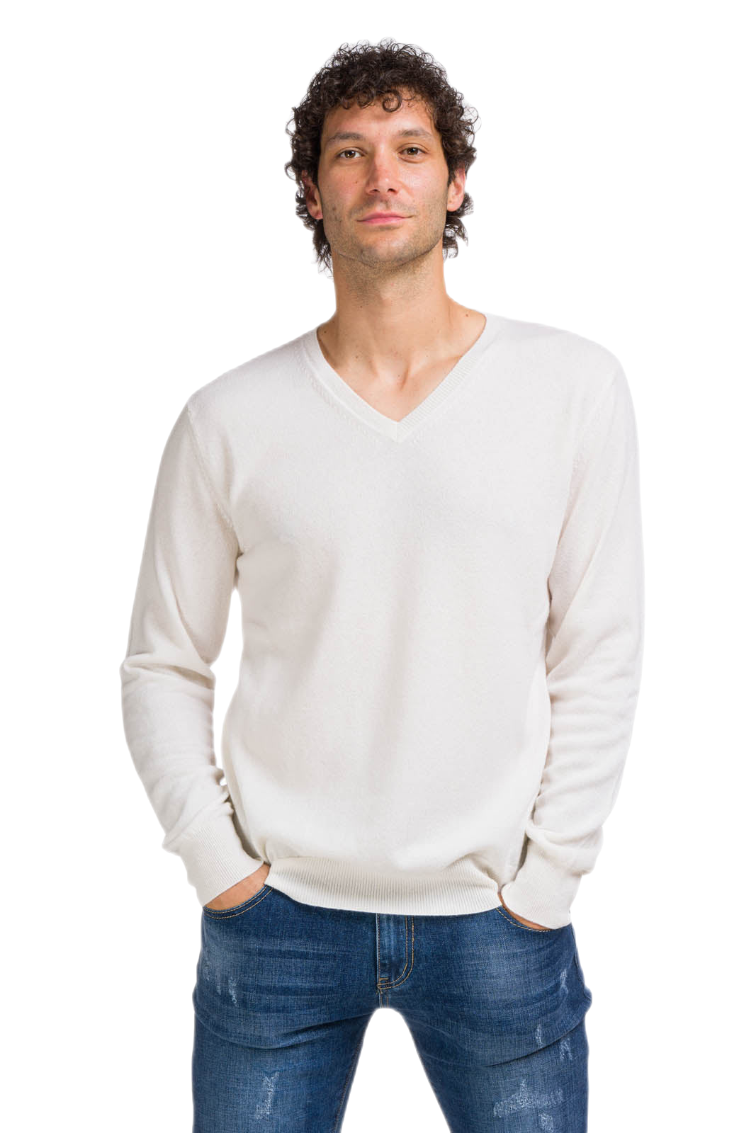 maglione cashmere uomo scollo a v bianco