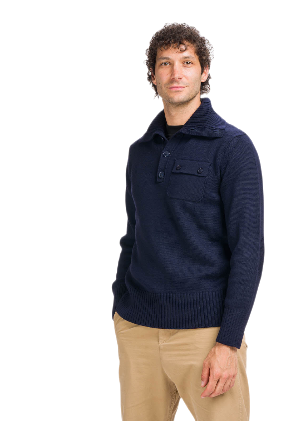 Koroshi Maglione Uomo In Cotone A Maglia Fine – Collo Alto Incrociato Con Bottoni, Strisce Sul Petto, Colore Navy