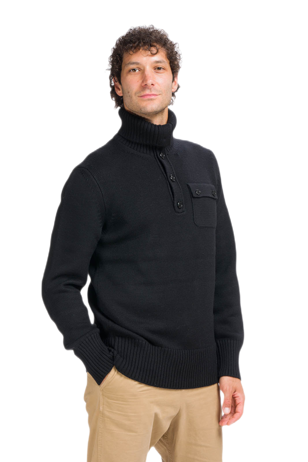 maglione uomo a collo alto con bottoni nero