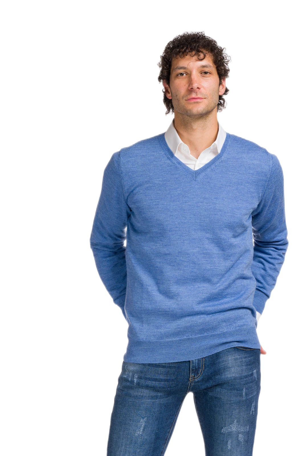 maglione uomo scollo a V azzurro jeans