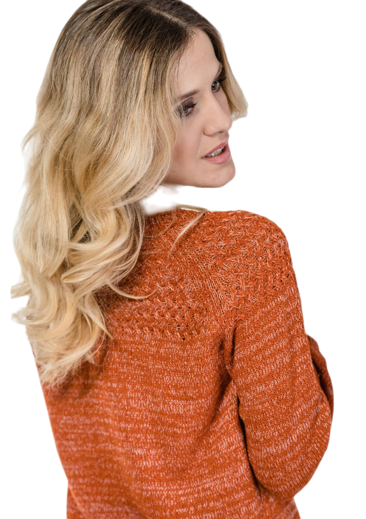 dettaglio maglia cotone manica lunga donna arancione