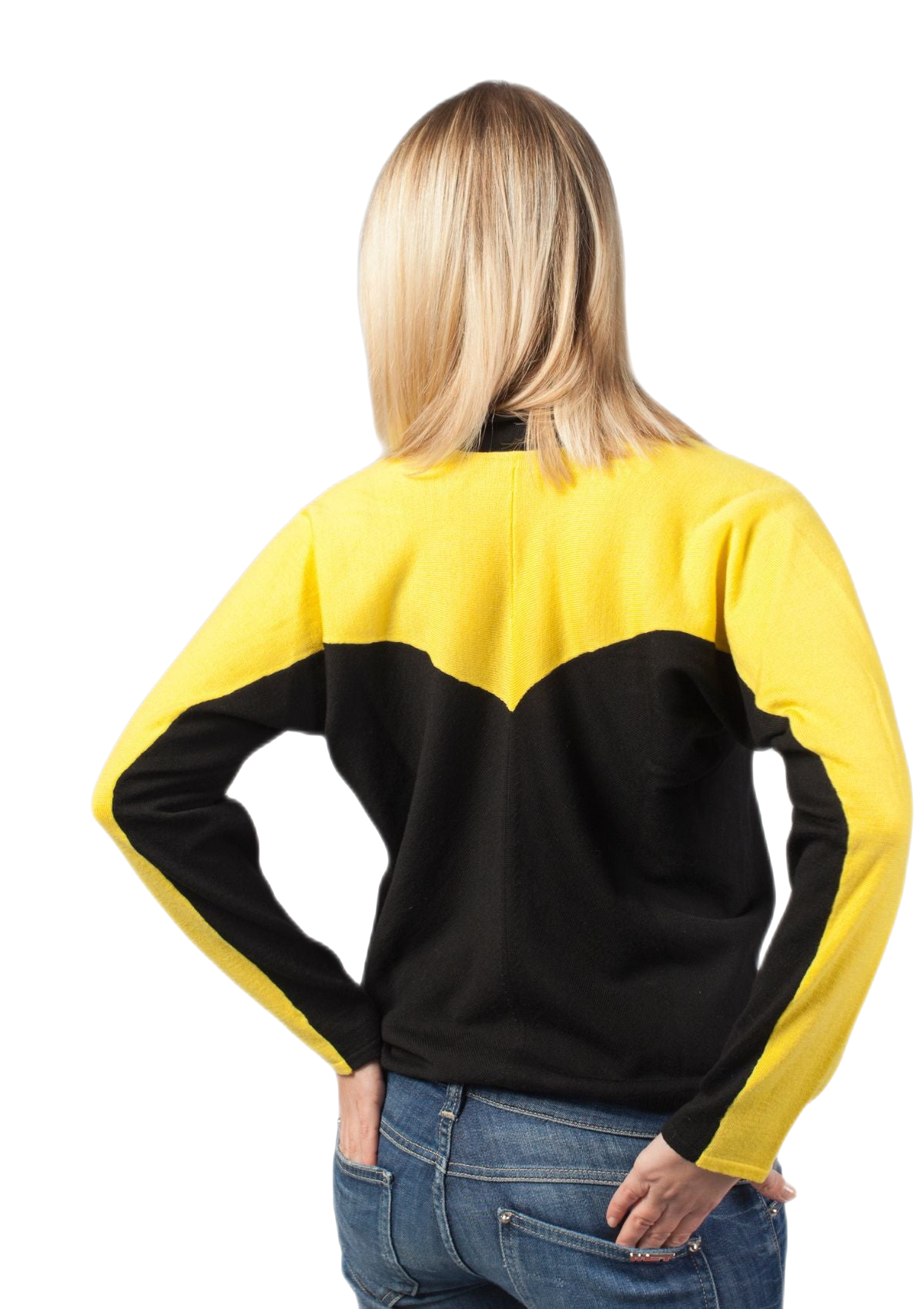retro maglia raglan donna bicolore in pura lana merino nera e gialla